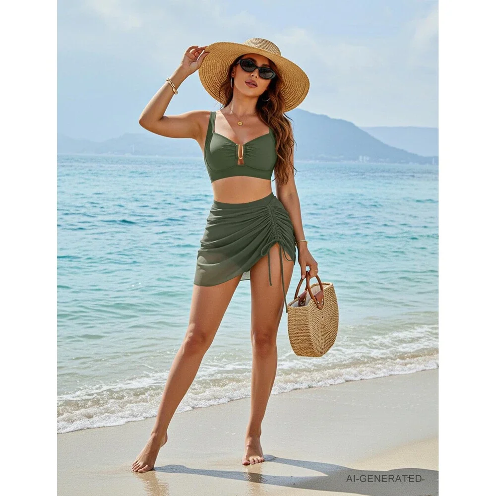 Blooming Women's Jelly Bikini Set Swim Skirt High Waisted Tummy Control Bathing